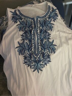 J. Jill White Sleeveless Tank with Blue Embroidered Front Panel